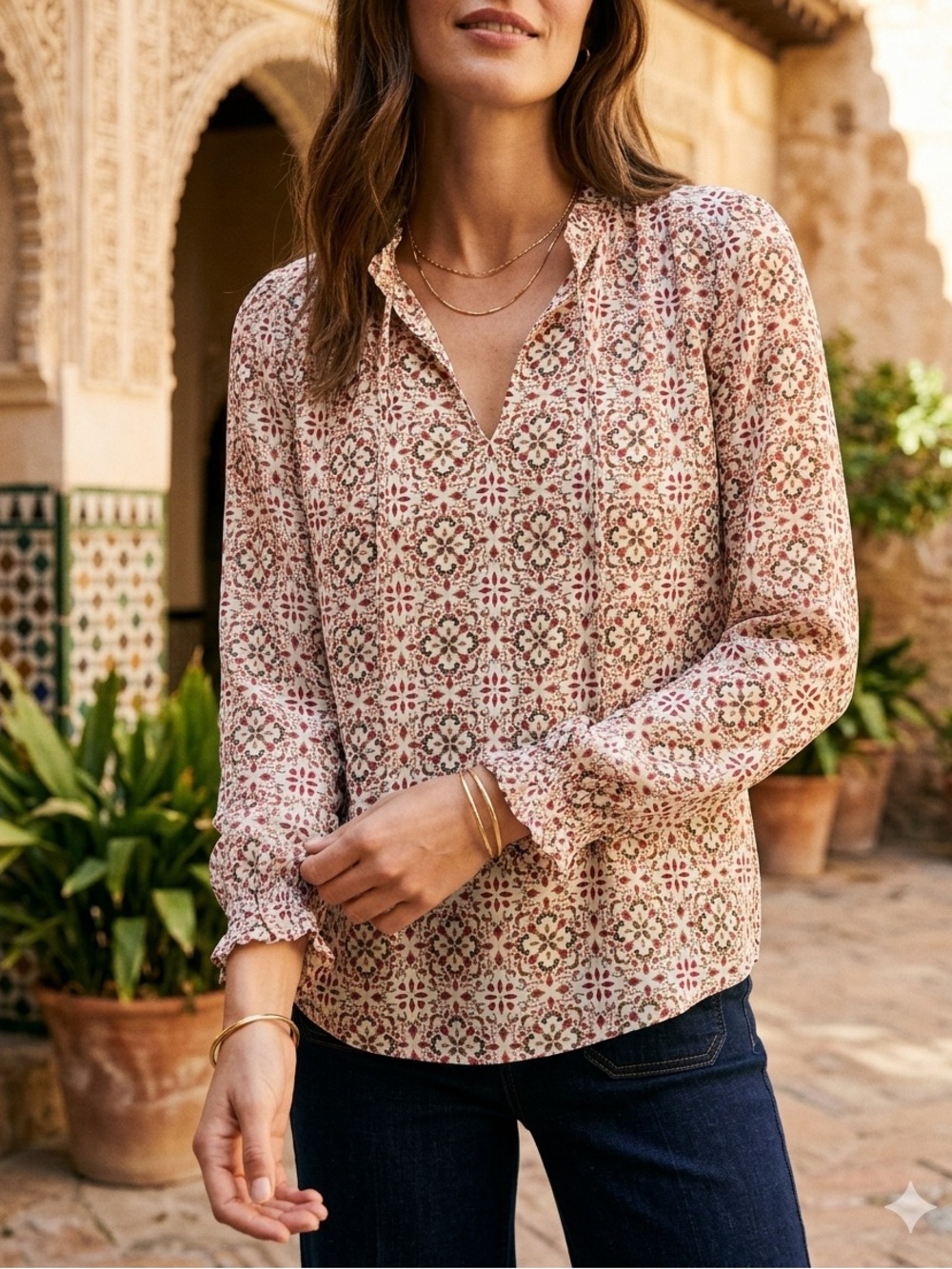LOFT Pink Floral V-Neck Long-Sleeve Blouse